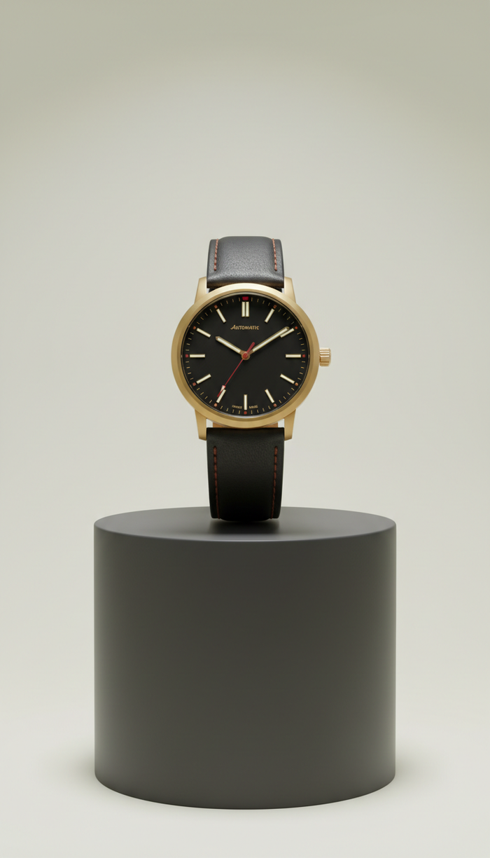 Matte Black Leather Strap Automatic Watch