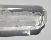 Intaglio carving of the Lord Buddha, with a Lotus on the heart on an Himalayan crystal.  Himalayan crystal are a pure symbol of the Light and many anchor magnificent codes on Gaïa, 