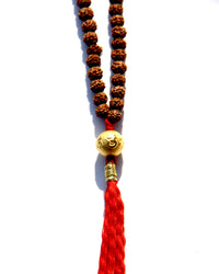 Rudraksha beads mala necklace with a 24k gold bead.  It is written on the gold bead: Om Mani Padme Om.  This is stage 2 of Rudhraksha beads ' growth. The Rudraksha beads in the minis collection are smoother and the clear separation lines have not appeared yet..  It is said that wearing a Rudraksha beads mala cancels your karma!